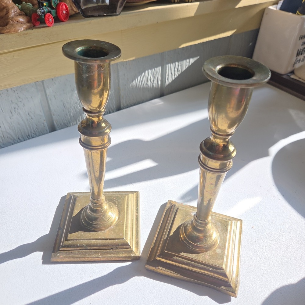 Vintage ROSTAND Solid Brass Candlestick Pair 8.5" Square Base MCM Made in USA